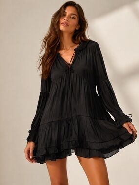O.P.T. Black Ruffle Tiered Long Sleeve Mini Dress Boho  Small